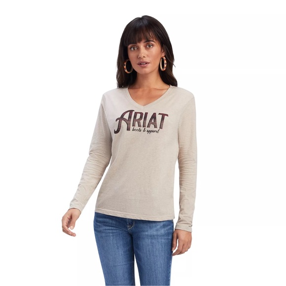 NWT Ariat Real Chest Logo Graphic Long Sleeve V-neck Tee T-Shirt Cream Large - Picture 3 of 9